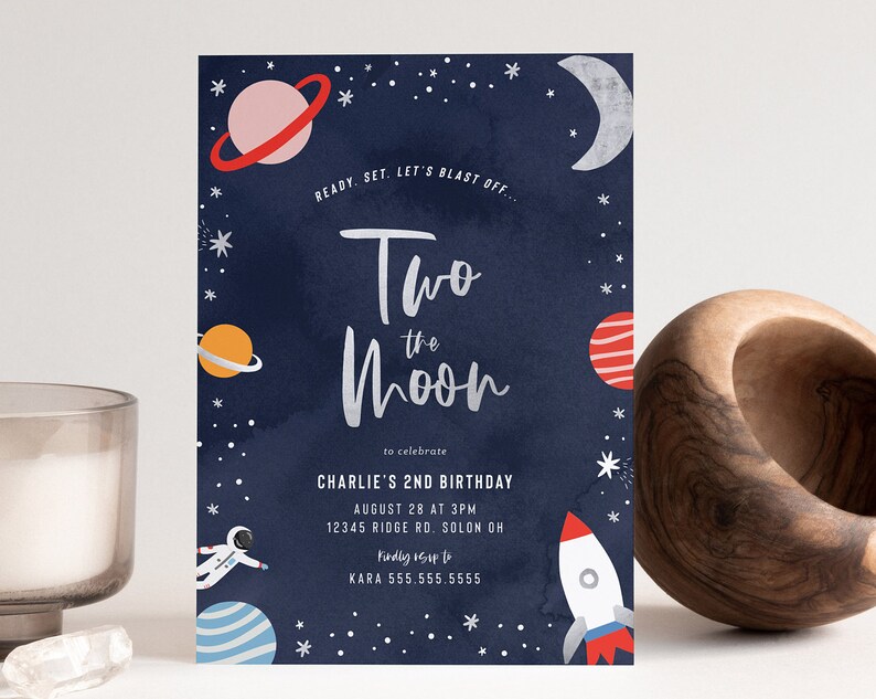 Two the Moon Invitation Space Birthday Invitation Space Ship Rocket Planets Galaxy Moon Editable Digital Template INSTANT
