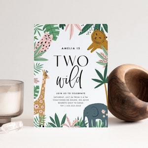 Two Wild Safari Invitation: Girl 2nd Birthday, Jungle Animals (INSTANT DOWNLOAD)