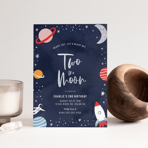 Two the Moon Invitation Space Birthday Invitation Space Ship Rocket Planets Galaxy Moon Editable Digital Template INSTANT DOWNLOAD