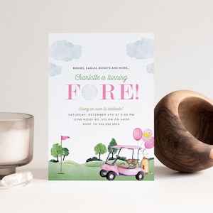 Mädchen Geburtstags-Einladung zum Golf spielen: Pink Golf Cart, FORE! (SOFORT DOWNLOAD)