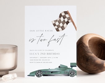 Two Fast Birthday Invitation, Race Car Invitation, Green Race Car Birthday, 2nd Birthday, Editable Digital Template, INSTANT DOWNLOAD