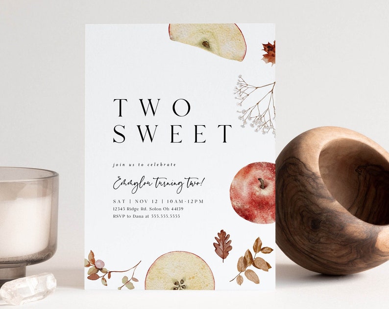 Apple Birthday Invitation Fall Apples Birthday Invitation Two Sweet Birthday Invitation Editable Invitation Template Instant