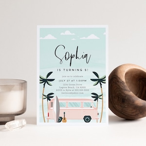Surf uitnodiging, meisje Surf verjaardag, bewerkbare surf uitnodiging, Surf&#39;s Up, roze surfplank uitnodiging, surffeest, INSTANT DOWNLOAD