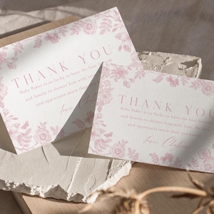 Carte de remerciement rose pour baby shower, chinoiseries élégantes vintage rose dentelle florale bébé fille, toile victorienne Français imprimable numérique modifiable