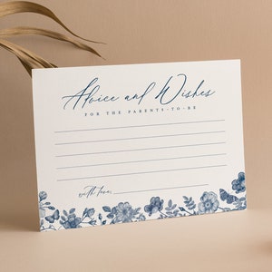 Advieskaart babyshower, stoffige blauwe babyshower, elegante chinoiserie met blauwe kant bloemen baby, bewerkbare sjabloon direct downloaden