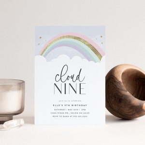 Cloud Nine Birthday Invitation Girl Birthday Pastel Invitation Rainbow Clouds Ninth Birthday Editable Digital Template INSTANT DOWNLOAD