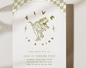 Retro T-Rex 5th Birthday Invitation: Checkered Dinosaur Party (Digital Download)