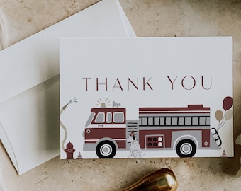 Plantilla de tarjeta de agradecimiento de camión de bomberos editable Camión de bomberos Fiesta de cumpleaños Camión de bomberos Descarga instantánea digital editable