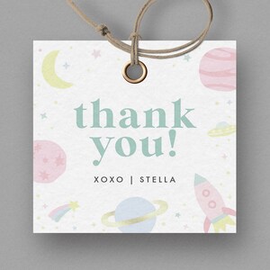 Two the Moon Favor Tag, Girl Space Birthday,  Pastel Planets, Galaxy, Moon, Editable Favor Tag, INSTANT DOWNLOAD