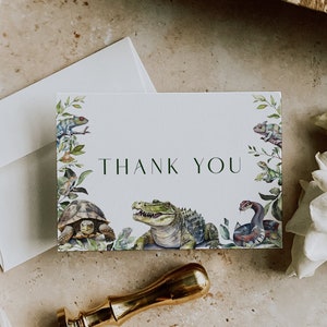 Tarjeta de agradecimiento de reptiles, fiesta de caimán, tortuga, serpiente y lagarto, plantilla Corlj editable digital de cumpleaños de reptiles Descarga instantánea