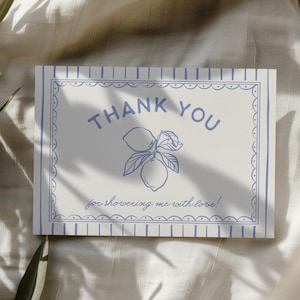 Plantilla de tarjeta de agradecimiento para baby shower con limón, nota editable con letra de limón dibujada a mano, tarjeta de regalo imprimible, descarga instantánea