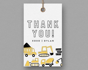 Construction Trucks Favor Tag, Modern Construction Trucks Thank you Tag, Minimalistic Construction Trucks,  INSTANT DOWNLOAD