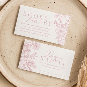 Rosa Babypartybücher für Babys, Vintage elegante Chinoiserie Blush Blumenwindel-Verlosungskarte, viktorianische französische Toile bearbeitbare Vorlage