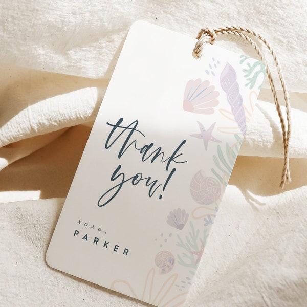 Sea Shell Favor Tag Template, Sea Shell Thank You Tag, Shell Birthday Party Girl Birthday, Editable Digital Corjl Template INSTANT DOWNLOAD