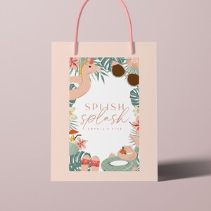 May include: A pink and white paper gift bag with a tropical design and the text "Splash Splash Sophia's Five" printed on the front.
