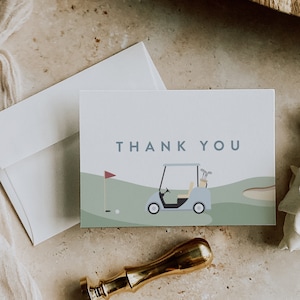 Cartão de agradecimento de carrinho de golfe, agradecimento de aniversário de golfe, aniversário de golfe hole-in-one para impressão de golfe moderno, modelo digital editável para download instantâneo