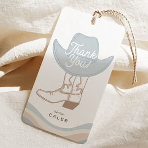Cowboylaars gunst tag, dank u cadeau labelsjabloon, eerste rodeo verjaardag, wilde westen cowboy, moderne rodeo bewerkbare afdrukbare Instant Download