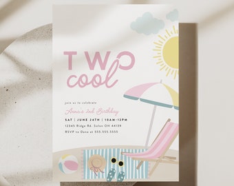 Two Cool Birthday Invitation Template Summer Beach Pool Party Invitation Editable Digital Corjl Template Instant Download