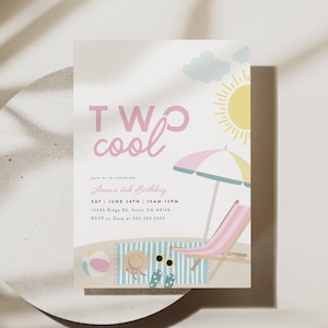 Two Cool Birthday Invitation Template Summer Beach Pool Party Invitation Editable Digital Corjl Template Instant Download
