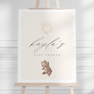 Cartello di benvenuto per baby shower, orso neutro orsetto beige marrone beige, cartello per doccia con palloncini orso, modello modificabile stampabile download digitale