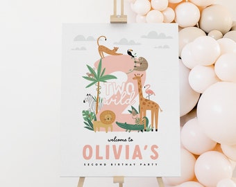 Two Wild Birthday Welcome Sign: Safari Jungle Animals (Digital Template)