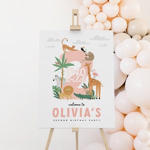 Two Wild Birthday Welcome Sign: Safari Jungle Animals (Digital Template)