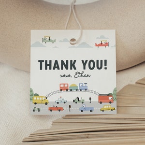 Transportation Favor Tag, Thank You Tag, Trucks, Cars, Train, Plane, Modern Boy Birthday Party, Editable Digital Template INSTANT DOWNLOAD