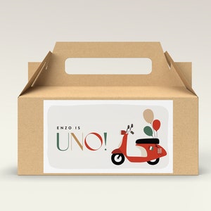 Vespa Favor Box Label: Italian Uno Birthday Party (Digital Editable Template)