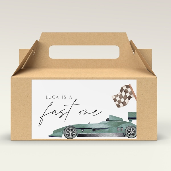 Etiqueta de caja de favor de coche de carreras, dos rápidos, uno rápido, coche de carreras verde, plantilla digital editable, DESCARGA INSTANTÁNEA