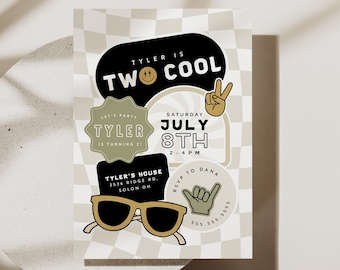 Two Cool Birthday Invitation Template Checkered Smiley Invitation Retro 2nd Birthday Invite Editable Digital Corjl Template Instant Download