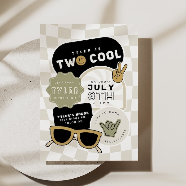 Two Cool Birthday Invitation Template Checkered Smiley Invitation Retro 2nd Birthday Invite Editable Digital Corjl Template Instant Download