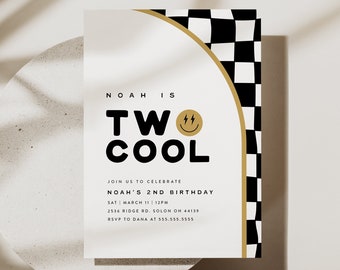 Two Cool Birthday Invitation Template Checkered Smiley Invitation Retro 2nd Birthday Invite Editable Digital Corjl Template Instant Download