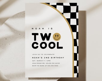 Checkered Smiley 2nd Birthday Invitation: Retro Corjl Template (Digital Download)