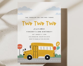 School Bus Invitation Template, Wheels on the Bus, Yellow Bus Invitation, Editable Digital Template INSTANT DOWNLOAD