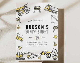 Construction Birthday Invitation, Dirty 3rd-y, Construction Trucks Party, Dump Truck,  Editable Digital Invite Template Instant Download