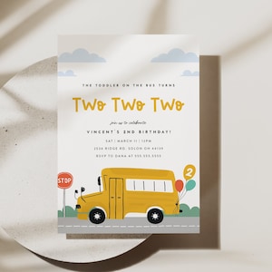 Modello di invito per scuolabus, ruote sull'autobus, invito per autobus giallo, modello digitale modificabile DOWNLOAD IMMEDIATO
