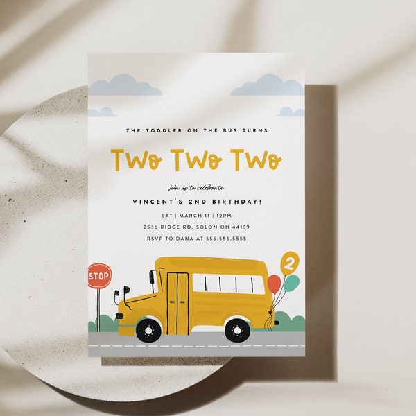 School Bus Invitation Template, Wheels on the Bus, Yellow Bus Invitation, Editable Digital Template INSTANT DOWNLOAD