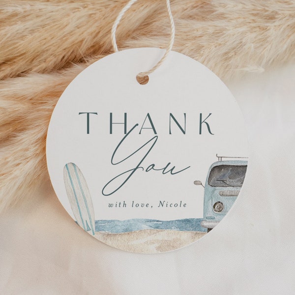 Ocean & Surf Thank You Gift Circle Tag Template, Beach Baby Shower Favors, Printable Favors, Surf Themed Baby Shower Gift Tag, Beach Party