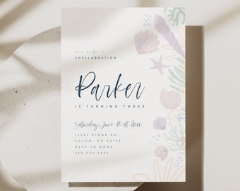 Shellabration Invitation: Sea Shell Birthday Party, Girl Birthday (Editable Digital INSTANT DOWNLOAD)
