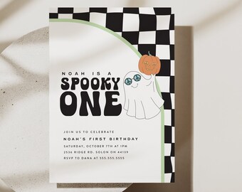 Spooky One Birthday Invitation: Retro Halloween Party (Editable Template)