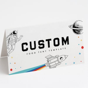 Weltraum Party Essen Zelte, moderne Retro Weltraum Geburtstagsfeier, Astronaut, Rakete, Raumschiff, bearbeitbare digitale Vorlage, INSTANT DOWNLOAD