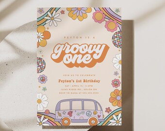 Groovy One Birthday Invitation: Retro Hippie 70s Party (Editable Digital Invite Template)