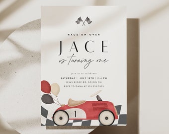 Vintage Red Race Car Birthday Invitation, Fast One, Two Fast, Any Age, Editable Digital Template, INSTANT DOWNLOAD