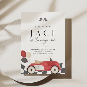 Vintage Red Race Car Birthday Invitation, Fast One, Two Fast, Any Age, Editable Digital Template, INSTANT DOWNLOAD