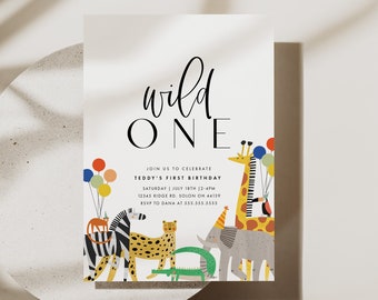 Wild One Birthday Invitation: Safari Animals, First Birthday (Digital Template)