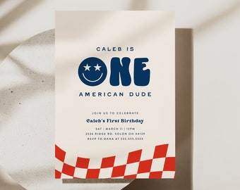 Una invitación de cumpleaños de American Dude Invitación de cara sonriente Retro 4 de julio Primer cumpleaños Plantilla digital editable