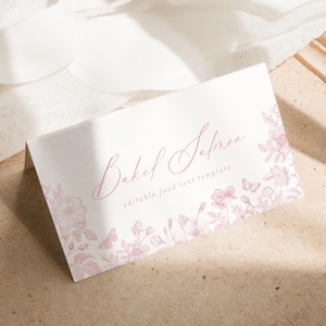 Modèle de tente alimentaire floral rose blush, cartes de nourriture vintage chinoiseries élégantes dentelle rose, toile victorienne Français modifiable numérique imprimable