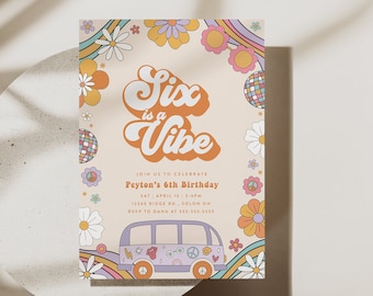 Six is a Vibe Birthday Invitation Retro 6th Birthday Party Hippie 70s Party Invitation Editable Digital Invite Template Instant Download