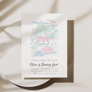 Girl Dinosaur Birthday Invitation, Dinosaur Girl Birthday Invite, pink dinosaur party, dinosaur birthday, EDITABLE, INSTANT DOWNLOAD