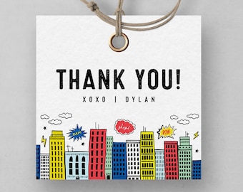 Etiquetas para recuerdos de cumpleaños de superhéroes: Diseño de paisaje urbano moderno (descarga instantánea)